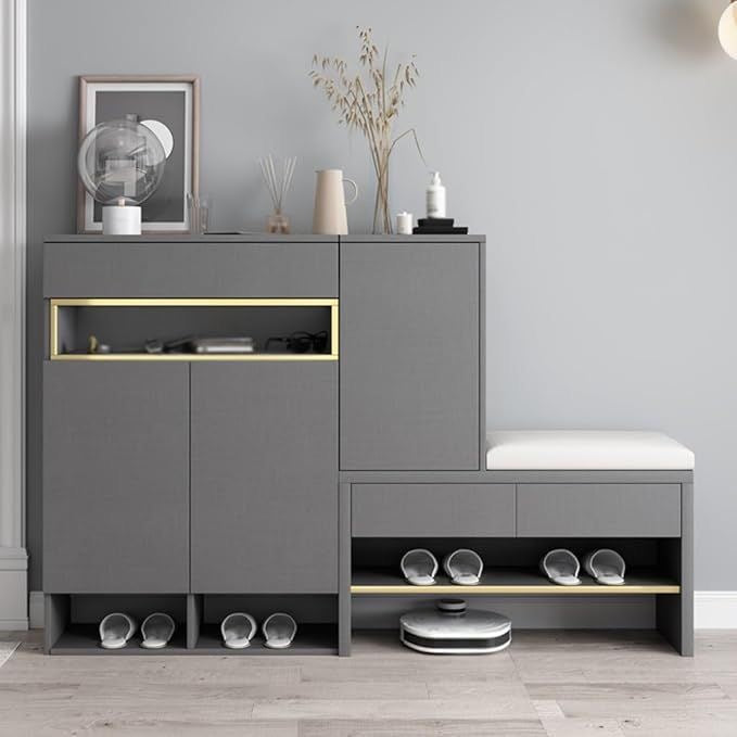 Shoe Closet – Dark Grey and Gold and White, 140 x 40 x 110 cm | SU93