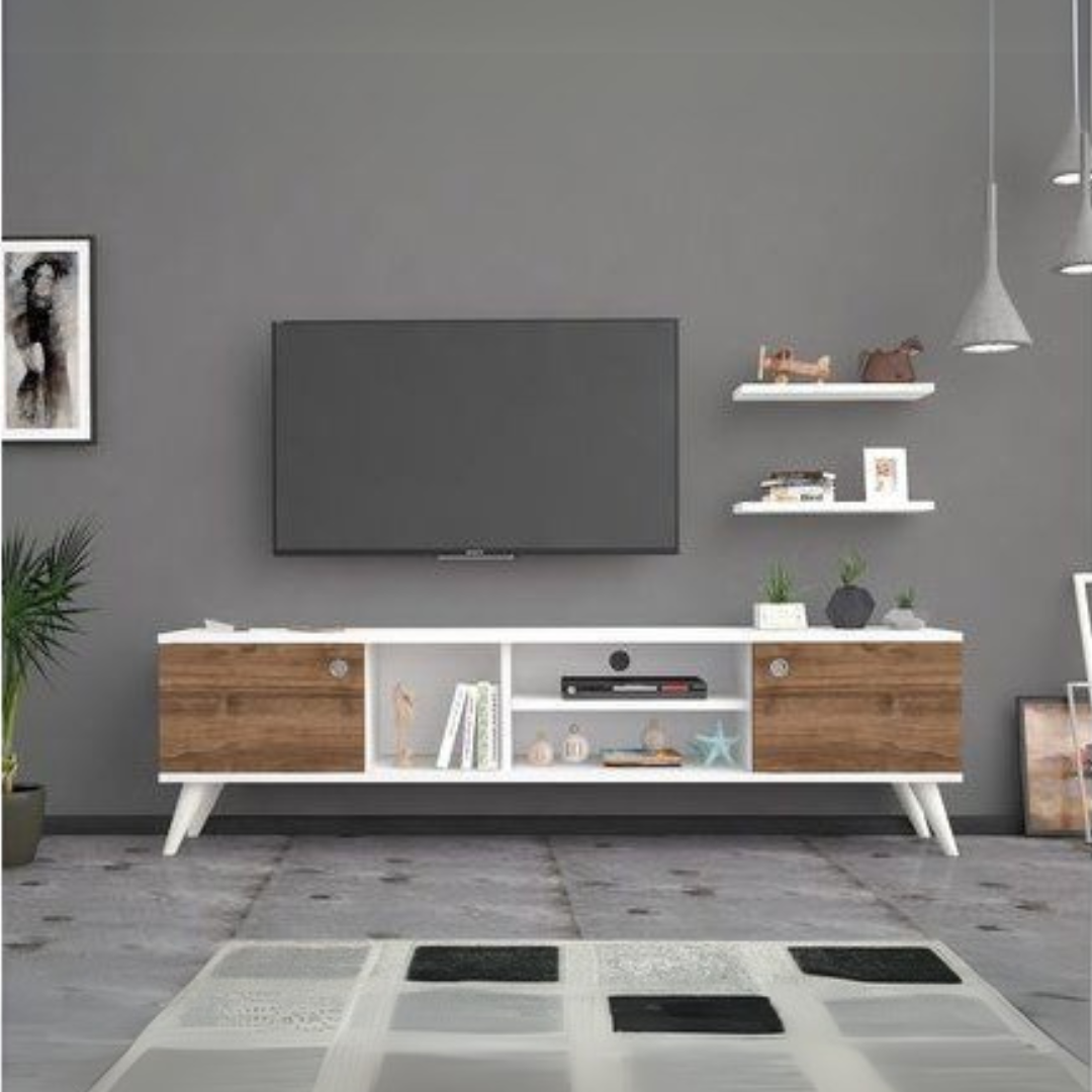 وحدة تليفزيون لون أبيض وخشبي – 180 × 40 × 40 سم | TV28