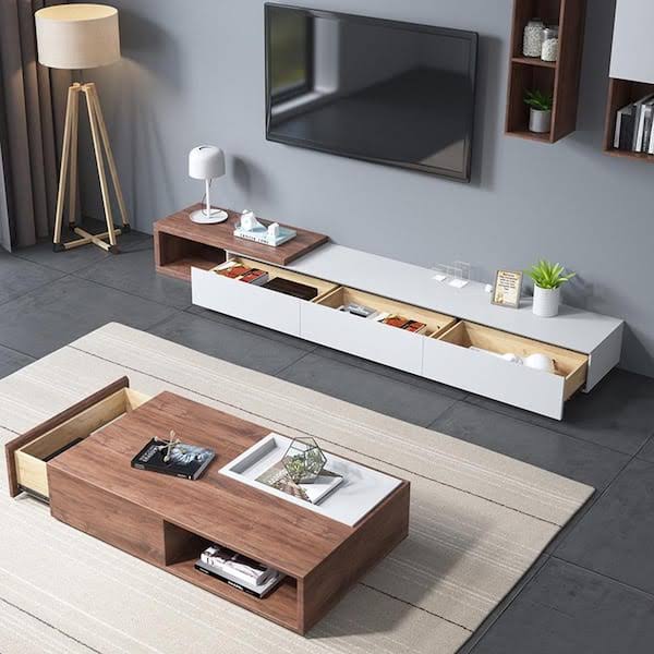 Living Room Furniture Set in White and Wooden | 240 x 40 x 40 cm | SET34