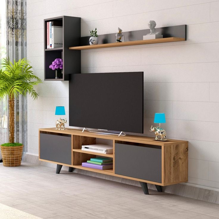 ترابيزة تليفزيون لون خشبي وأسود – 160 × 40 × 40 سم | TV82